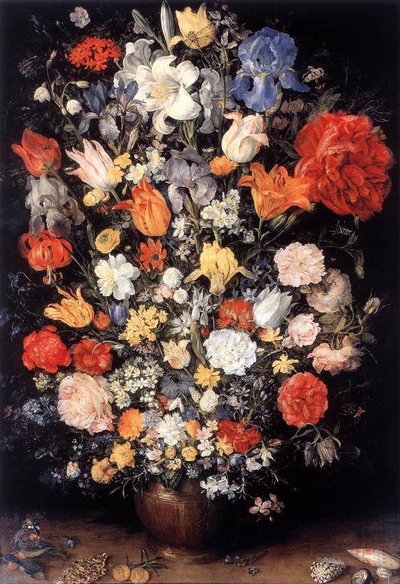 Vaas met bloemen, sieraden, munten en schelpen door Jan the Elder Brueghel